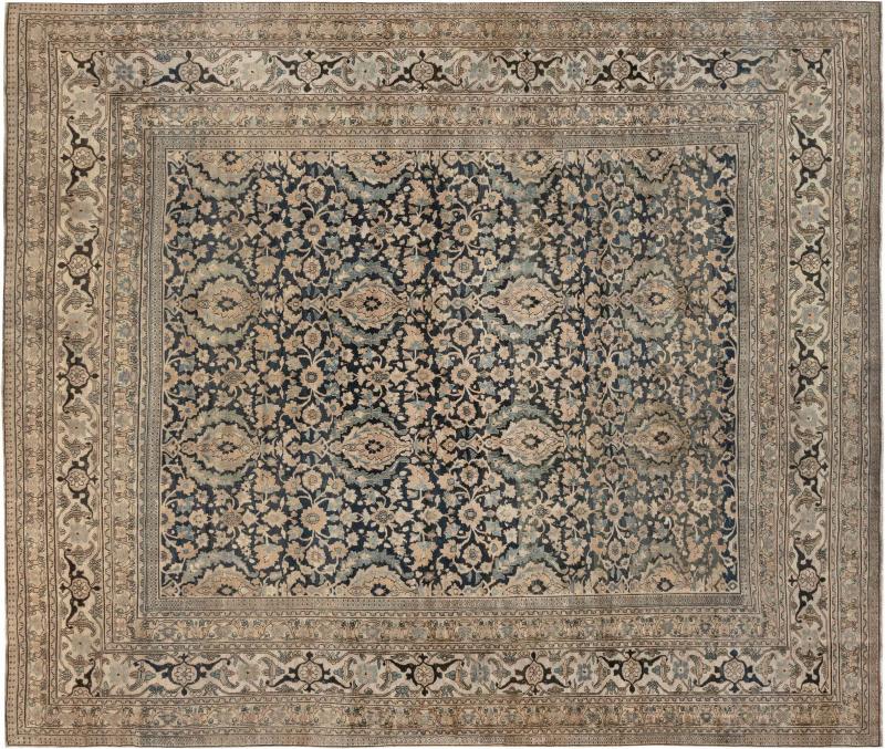 19th Century Persian Meshad Botanic Handwoven Wool Rug