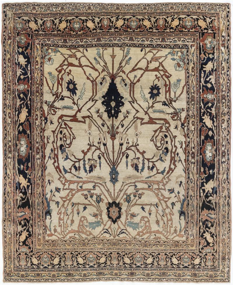 19th Century Persian Tabriz Cream Brown Gray and Black Handwoven Wool Rug