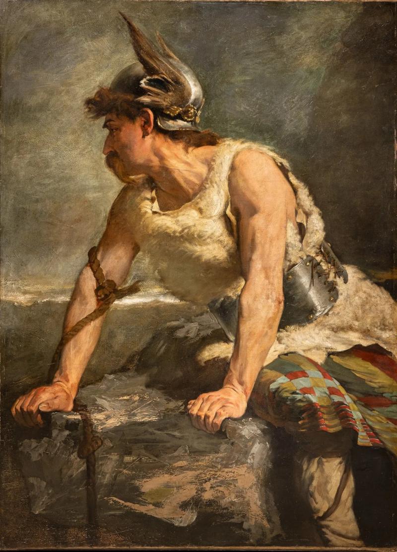 19th Century Portrait of a Germanic Warrior Chief Wearing a Winged Helmet