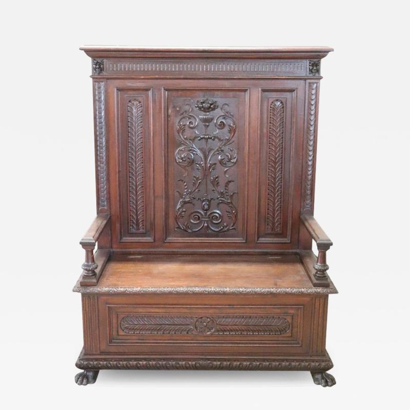 19th Century Renaissance Style Carved Walnut Antique Bench