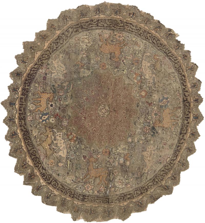 19th Century Round Turkish Silk and Metal Thread Rug