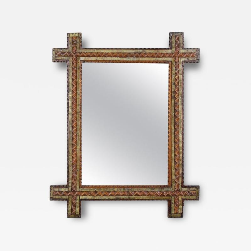 19th Century Rustic Tramp Art Mirror Brown Gold Austria circa 1870