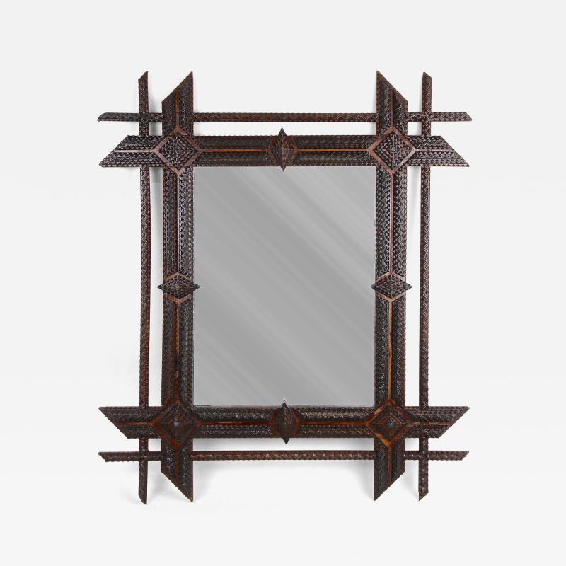 19th Century Rustic Tramp Art Mirror Handcarved Austria ca 1870