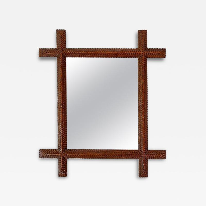 19th Century Rustic Tramp Art Wall Mirror Basswood handcarved Austria ca 1890