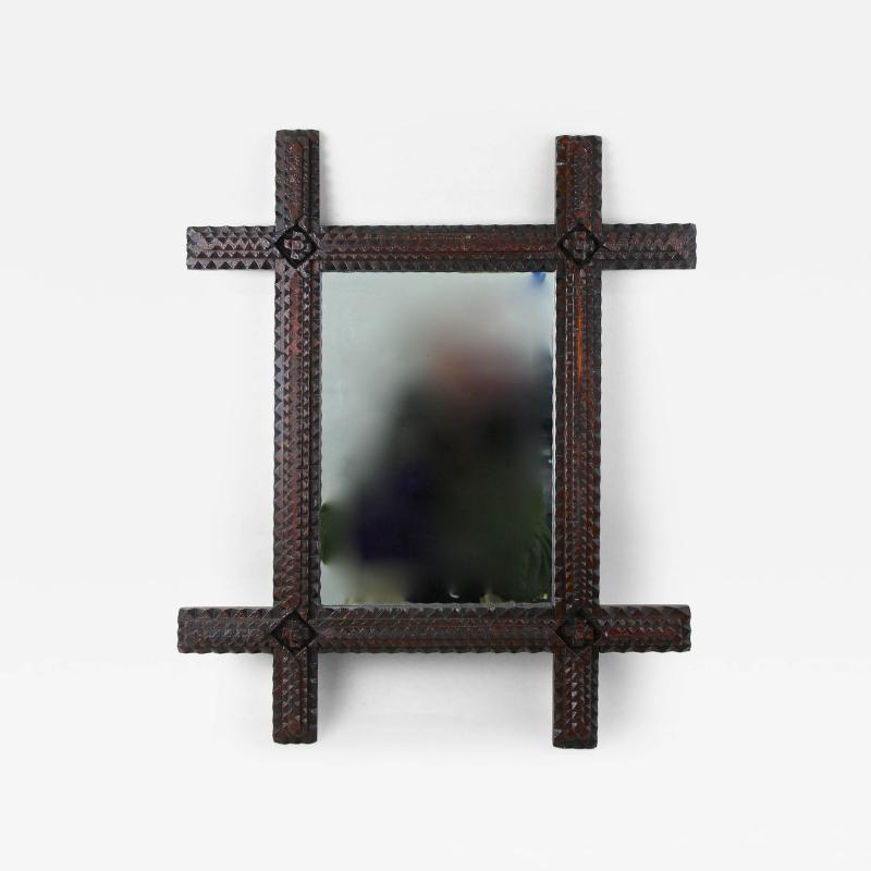19th Century Rustic Tramp Art Wall Mirror Hand Carved Austria circa 1870