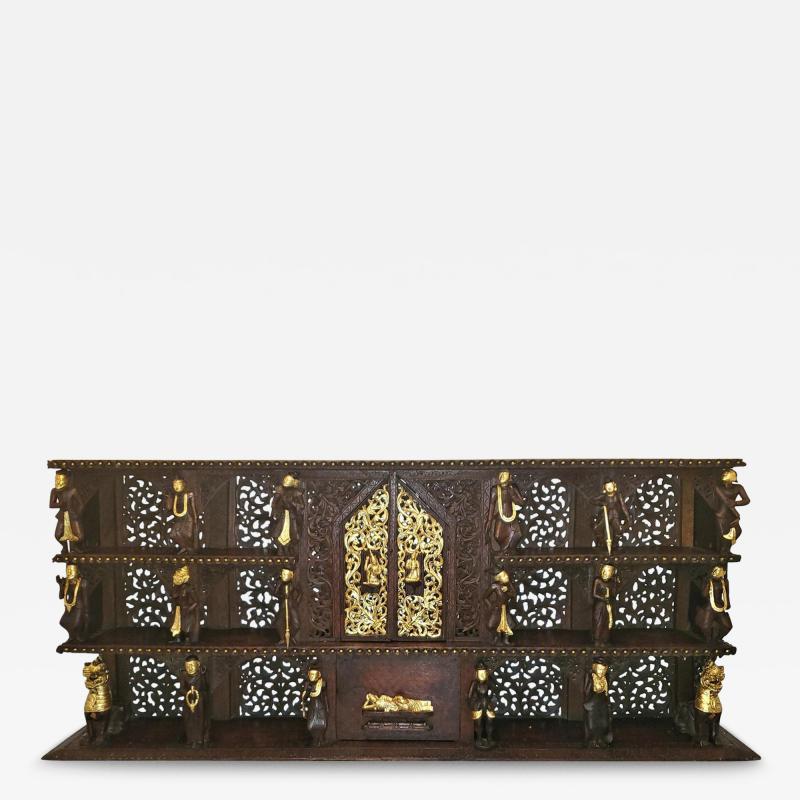 19th Century SE Asian Highly Carved Wooden and Gilded Floor Wall Cabinet