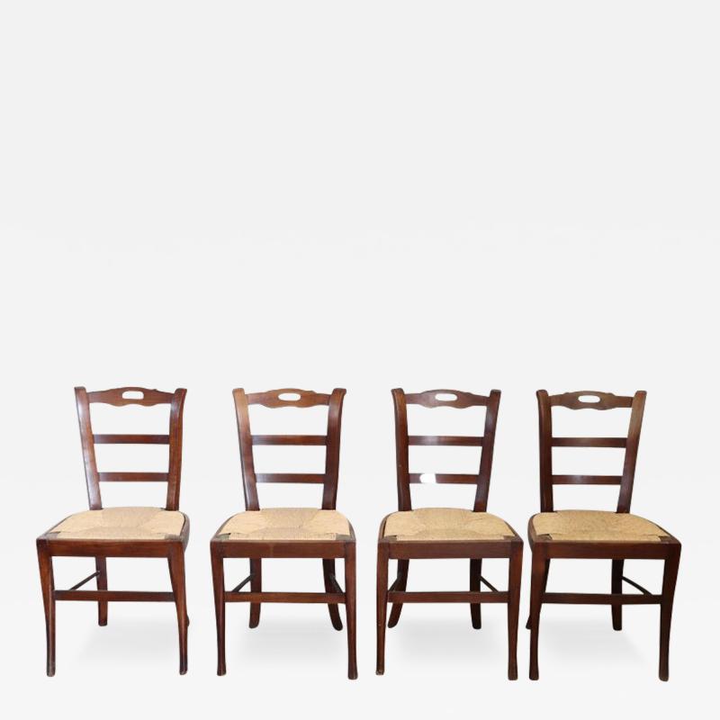 19th Century Set of Four Antique Chairs in Cherry Woood with Straw Seat