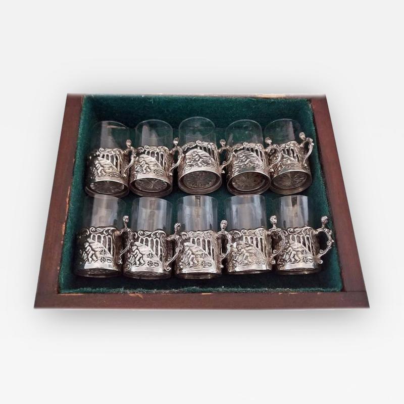 19th Century Set of Ten Sterling Silver Shot Glasses by W Comyn