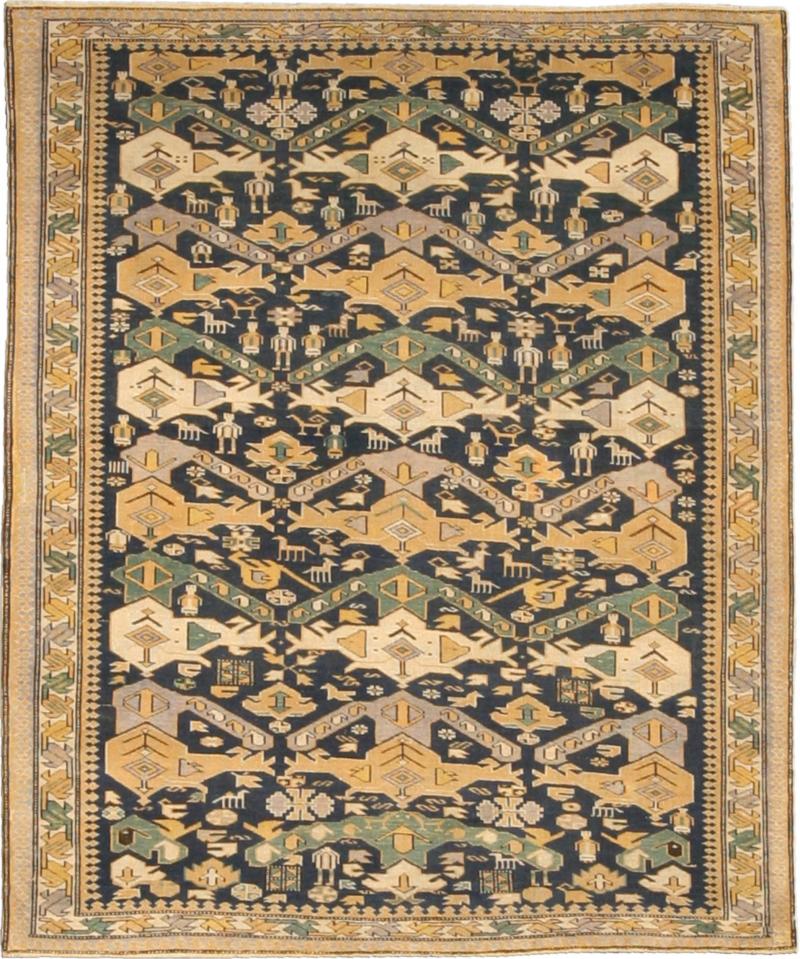 19th Century Shirvan Handmade Wool Rug in Beige Gold Ivory and Green