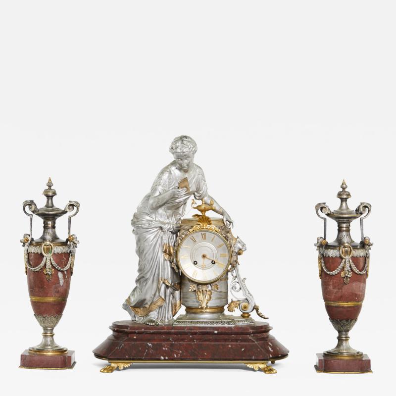 19th Century Silvered Bronze Rouge Marble Clock Garniture Set