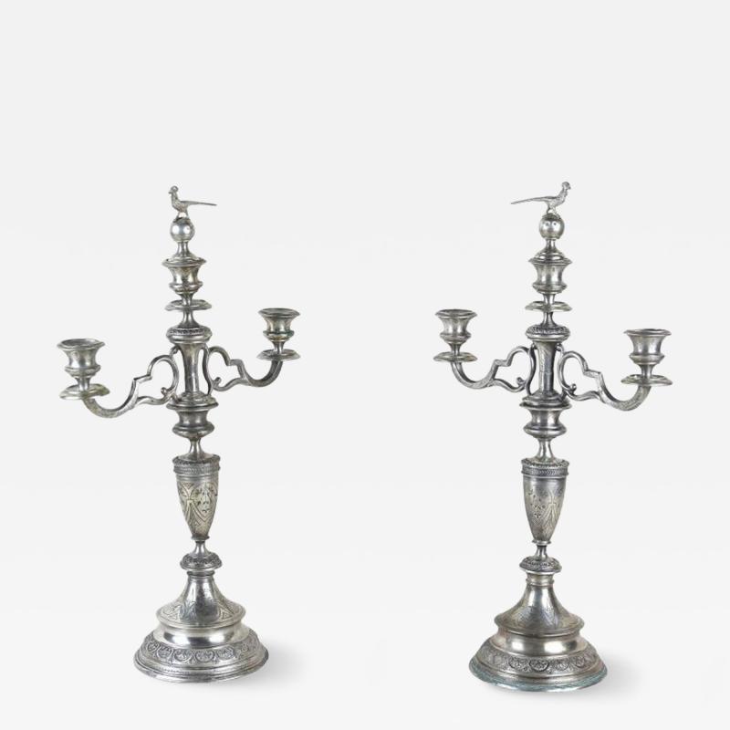 19th Century Solid Silver Candelabras Candleholder Pair Of 2 AT circa 1860