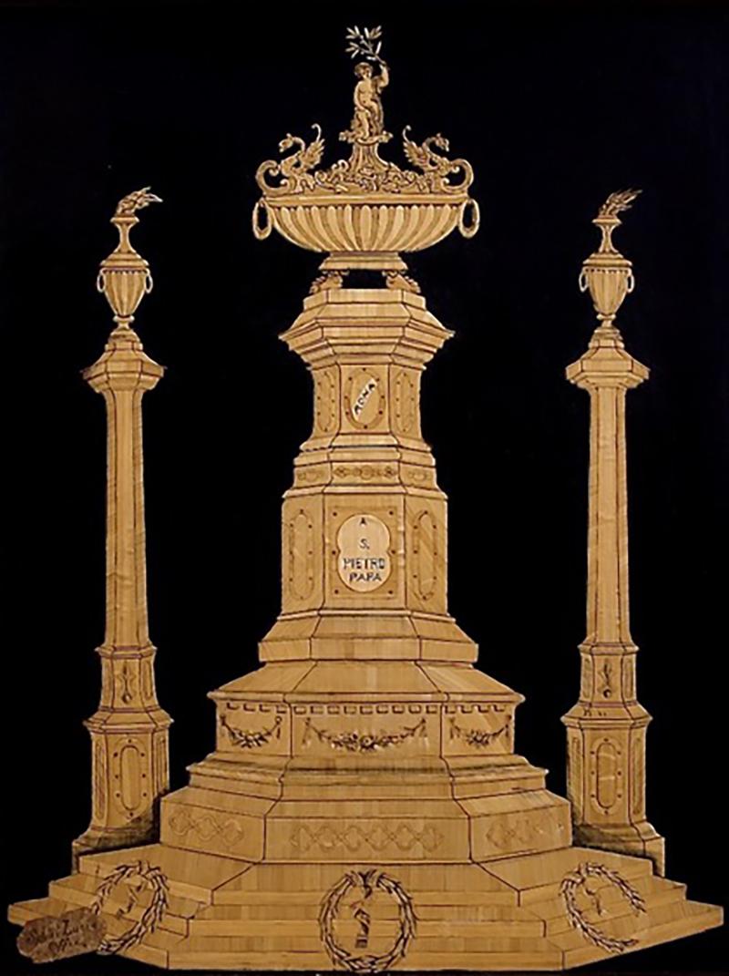 19th Century Straw Marquetry Study of Roman Monument Italy
