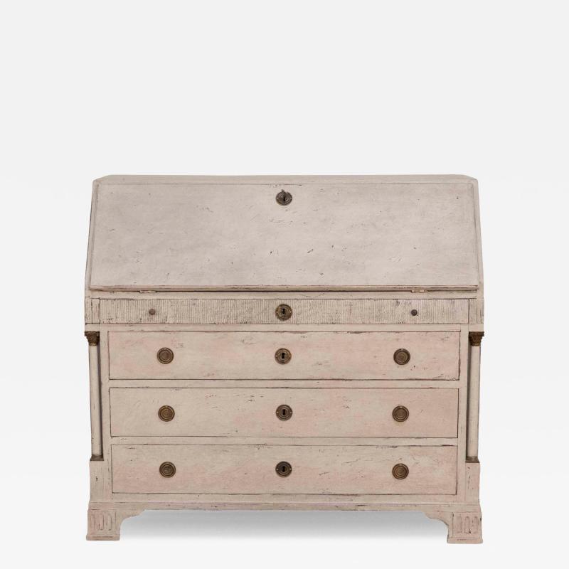 19th Century Swedish Bureau With Carved Columns And Blue Painted Interior