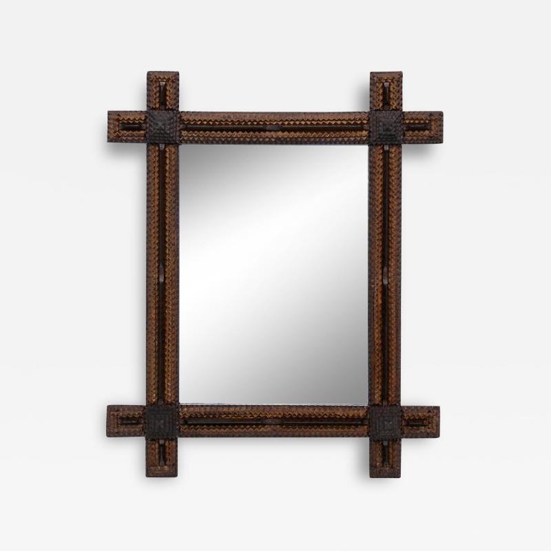 19th Century Tramp Art Rustic Wall Mirror Handcarved Austria ca 1870