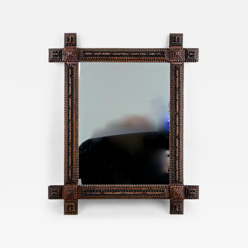 19th Century Tramp Art Rustic Wall Mirror Handcarved Austria ca 1880