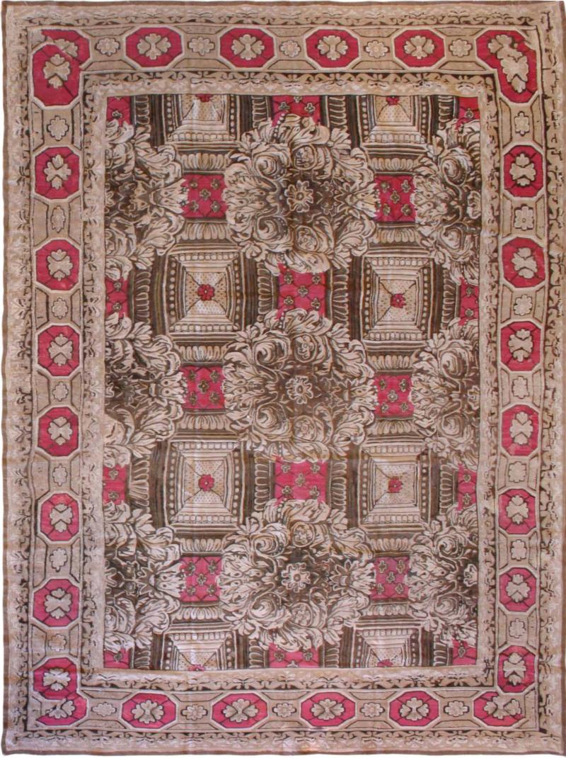 19th Century Ukrainian Rose and Beige Handwoven Wool Carpet