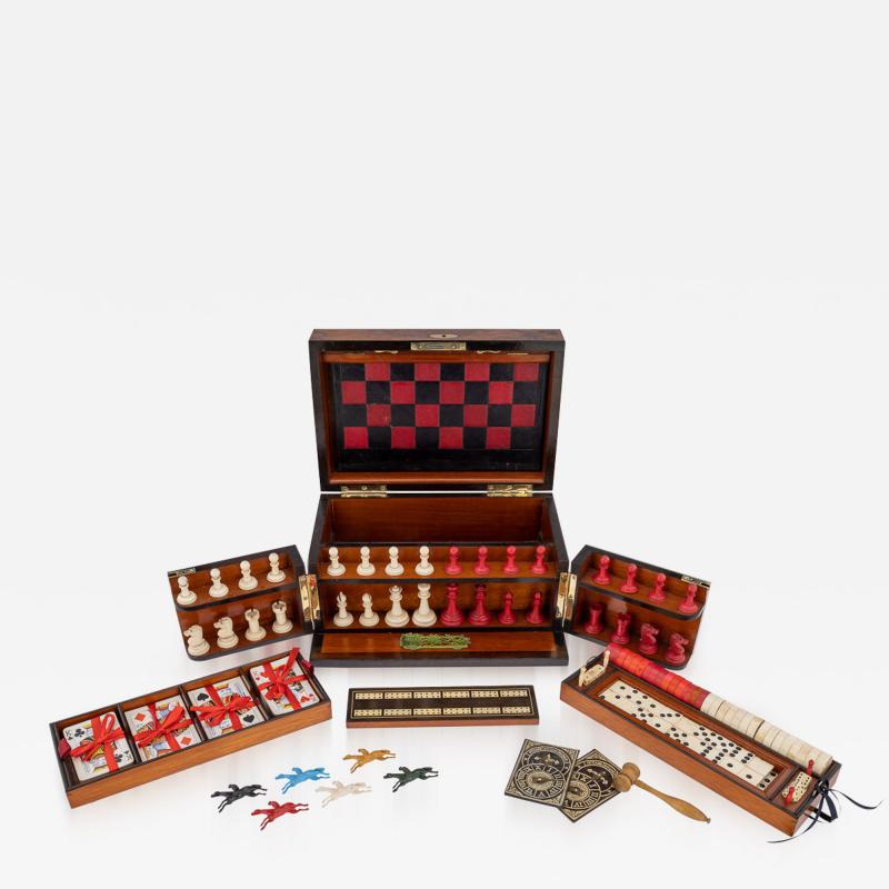 19th Century Victorian Burr Walnut Games Compendium Cards Board Games c 1890