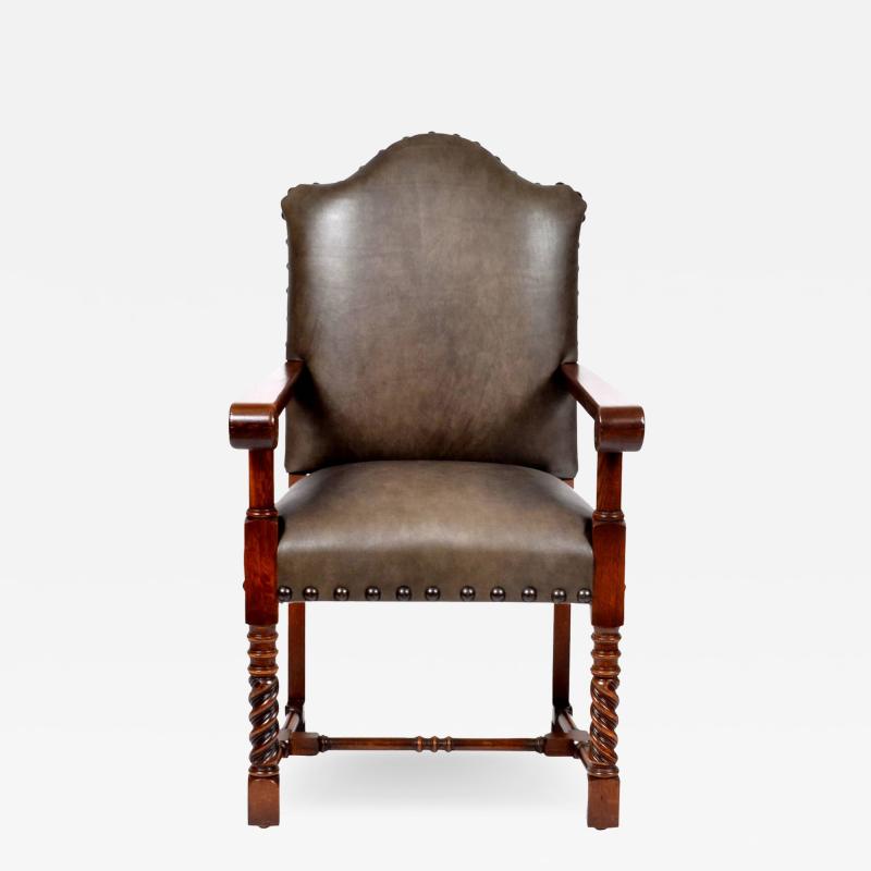 19th Century Vintage Oak Leather Upholstery Rustic Renaissance Revival Style