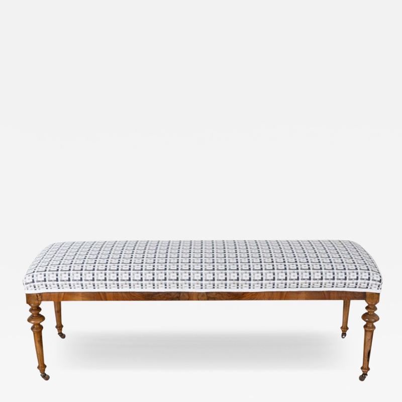 19th Century Walnut Upholstered Bench with Turned Legs and Casters