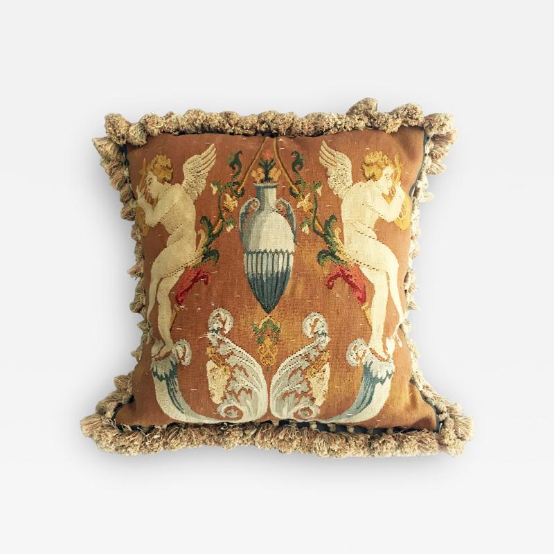 19th Century Wool Needlework Cushion with Cherubs