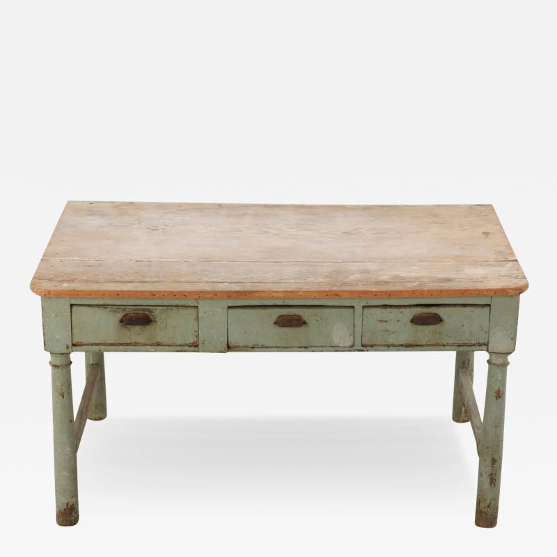 19th Century painted three drawer farm table having turned legs and natural top 