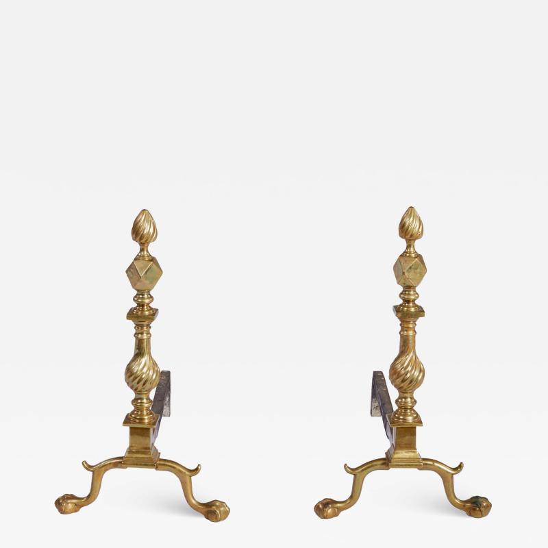 19th c American Brass Flame Tip Andirons