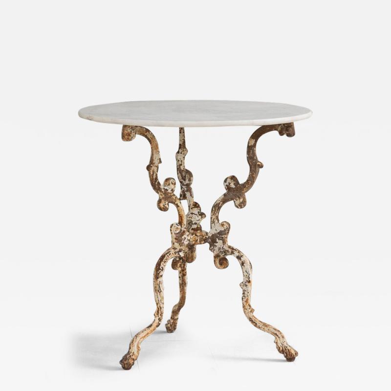 19th c French Cast Iron Pedestal Table with Original Paint and Carrara Marble
