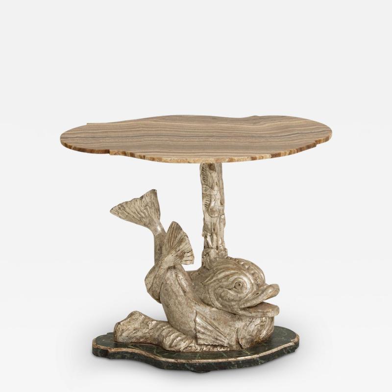 19th c Italian Silver Leaf Dolphin Side Table with Original Wood Grain Onyx Top