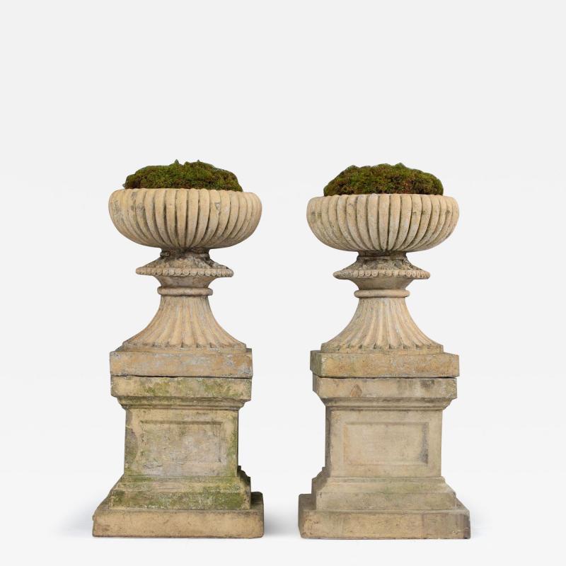 19th c Pair of Scottish Buff Terracotta Urns with Classic Plinths