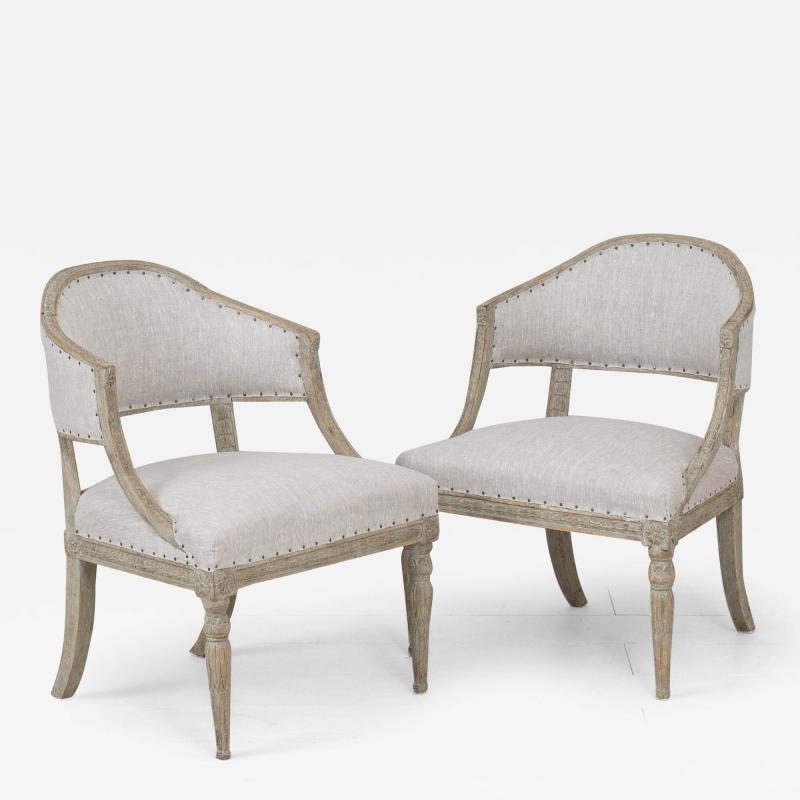 19th c Pair of Swedish Gustavian Painted Barrel Back Armchairs