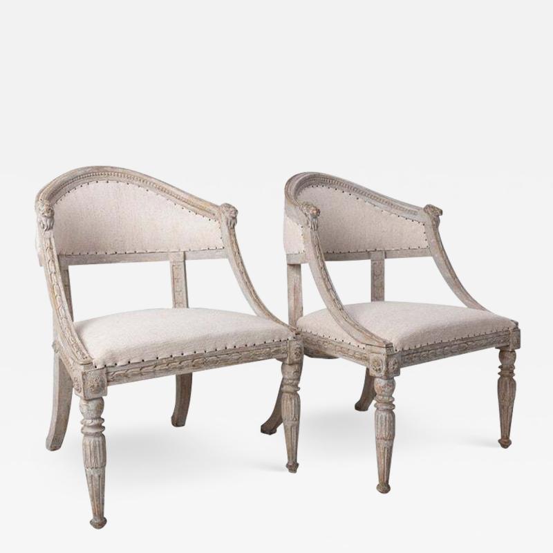 19th c Pair of Swedish Gustavian Painted Barrel Back Armchairs with Lion Heads