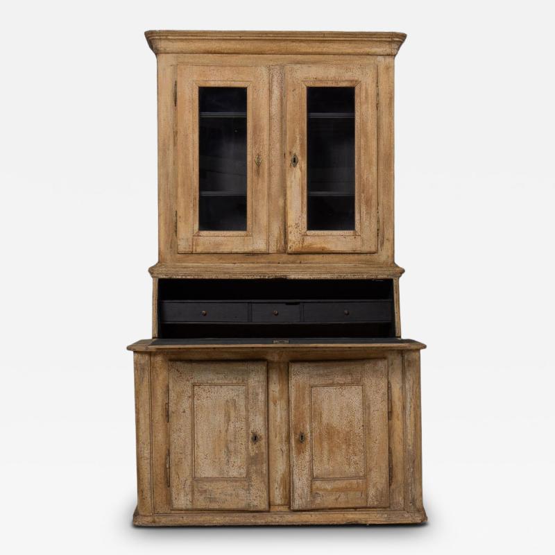19th c Swedish Two Part Vitrine Secretary in Original Paint