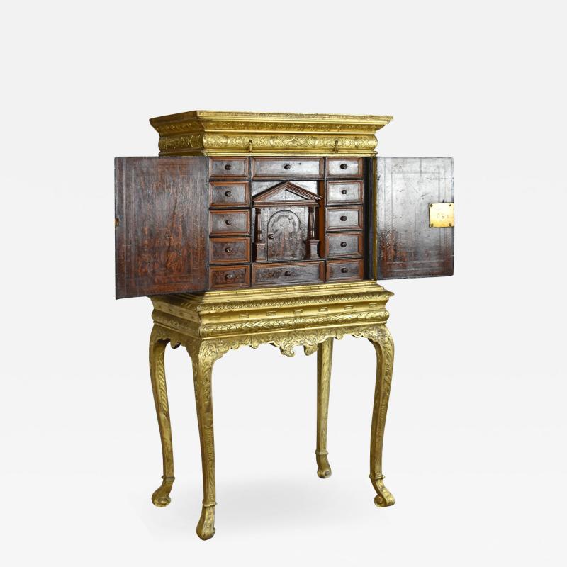 19th century gilt jewelry cabinet with fitted 17th century Italian Interior