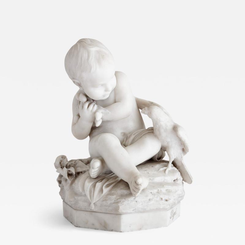 19th century marble sculpture of a putto and bird signed Pigal