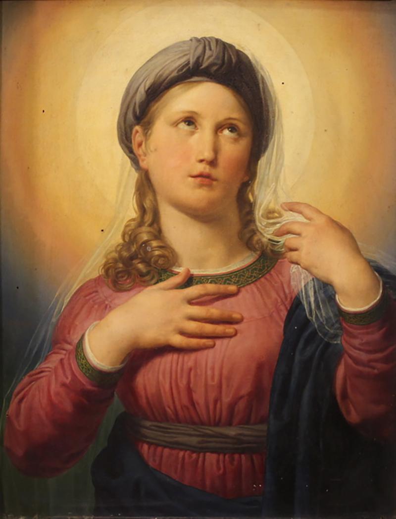 19th century panel painting Virgin Mary in contemplation