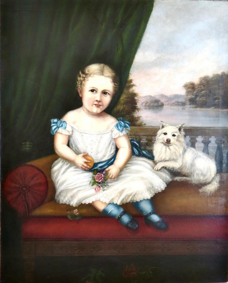 19thC American Folk Art Portrait Painting Of A Young Girl Seated Beside Her Dog