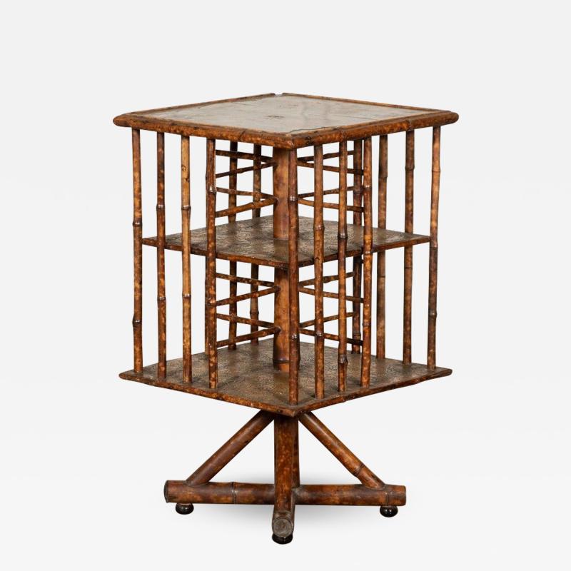 19thC English Bamboo Revolving Bookcase Side Table