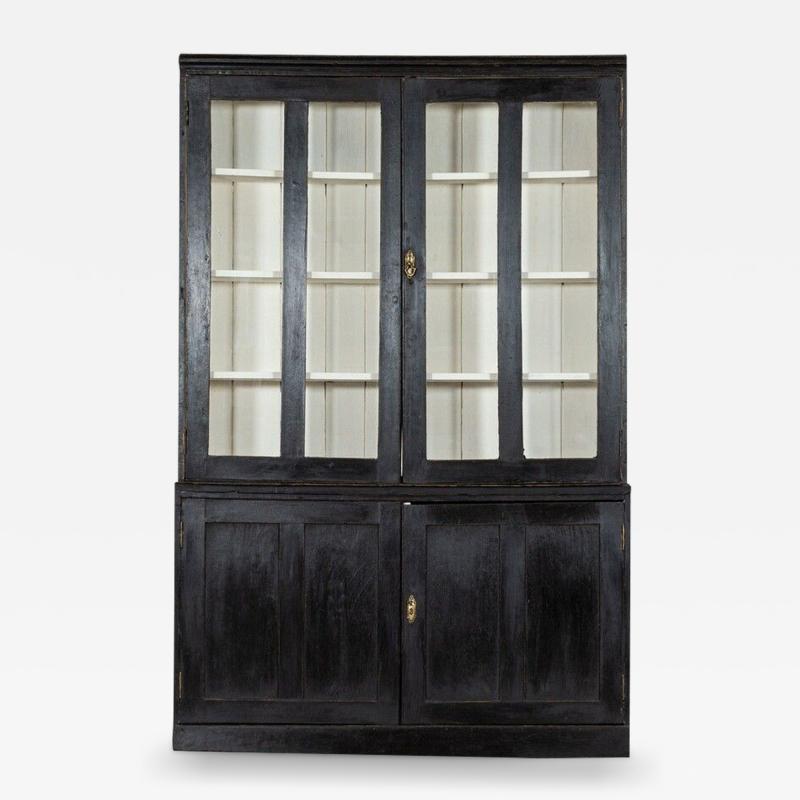 19thC English Ebonised Glazed Oak Housekeepers Cupboard