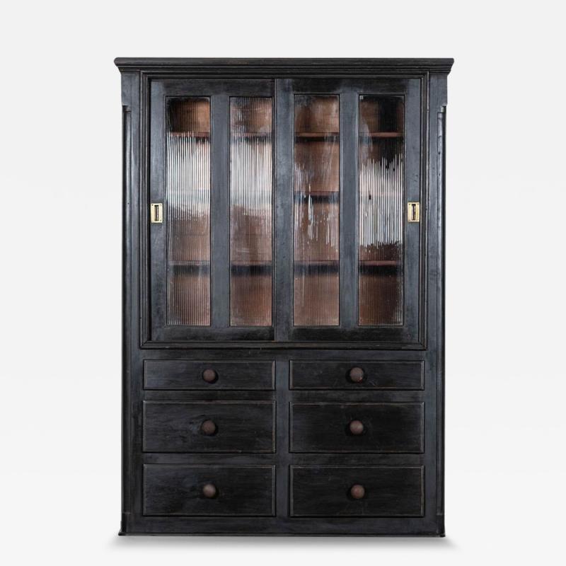 19thC English Ebonised Pine Glazed Housekeepers Cabinet