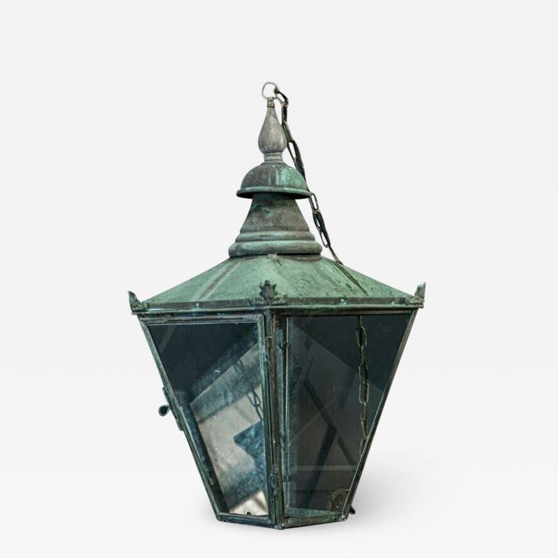 19thC English Large Verdigris Glazed Lantern