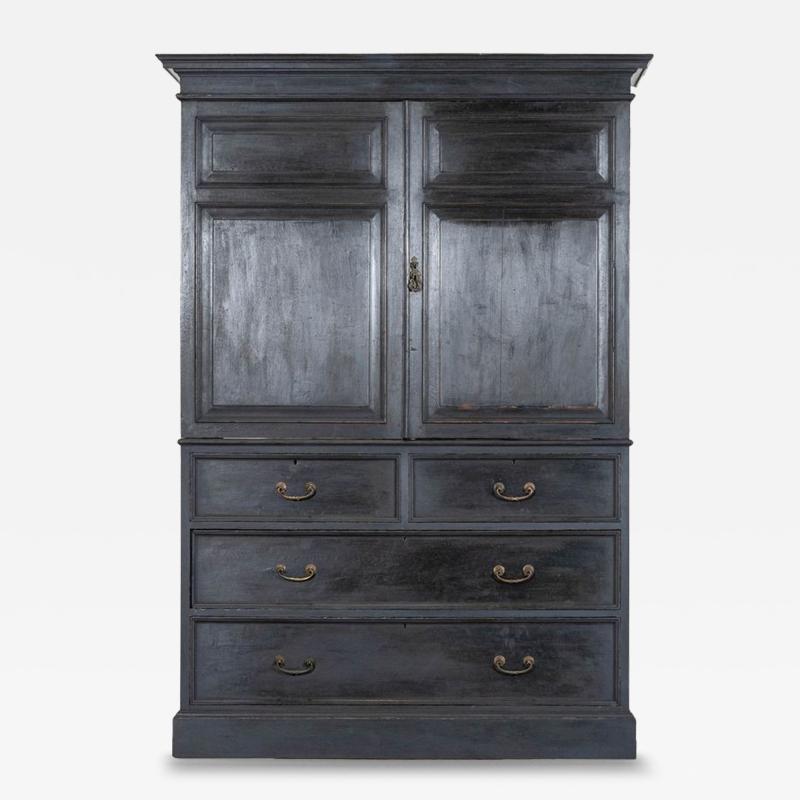 19thC English Oak Painted Linen Press