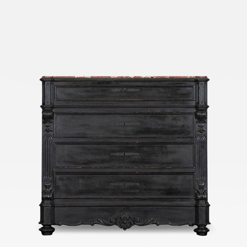 19thC French Ebonised Fruitwood Marble Commode