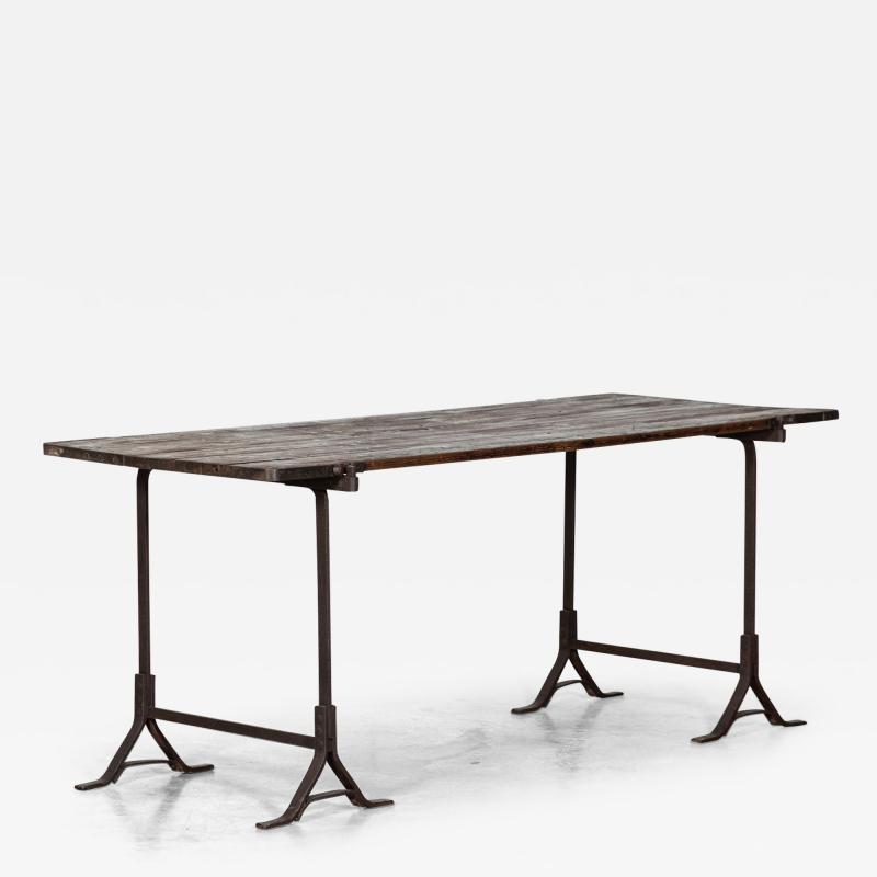 19thC Iron Pine Trestle Table