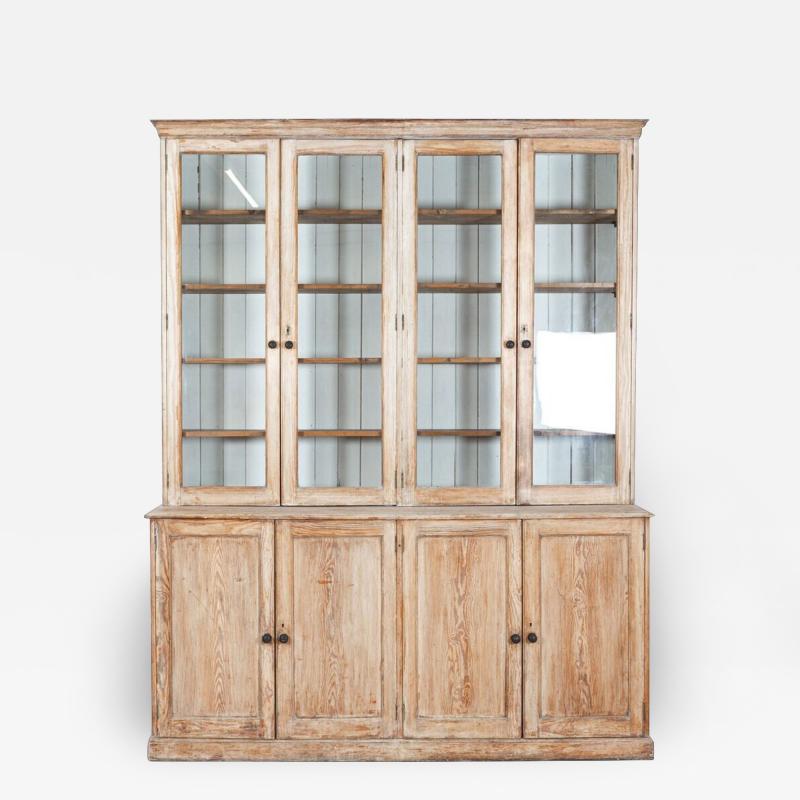 19thC Large English Bleached Pine Bookcase Cabinet Vitrine Dresser