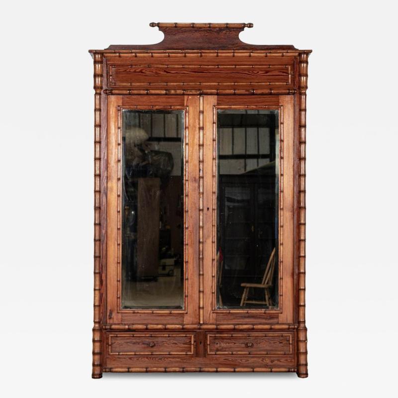 19thC Large French Pine Faux Bamboo Wardrobe