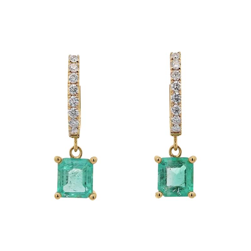 2 19 Carat Square Emerald Diamond 18K Gold Dangling Huggie Earrings