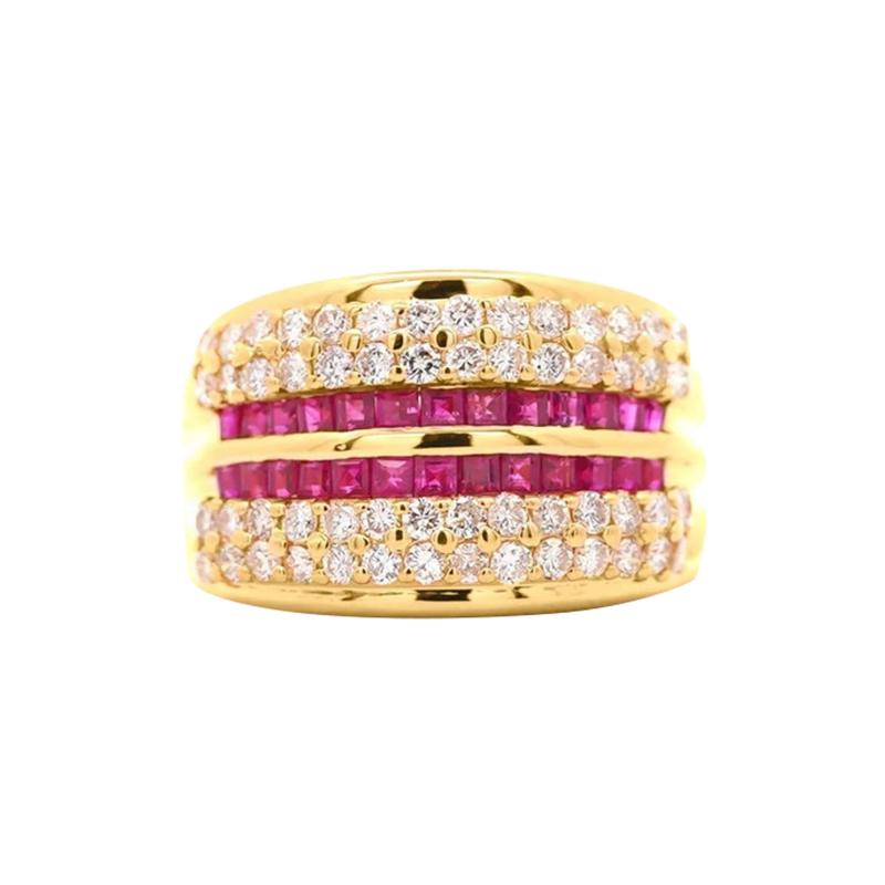 2 28 Carat Square Ruby Diamond Channel Set 18K Gold Multi Row Ring