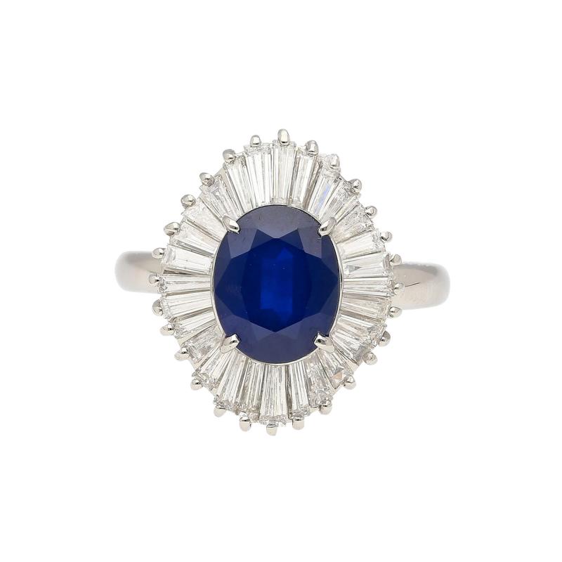 2 58 Carat Oval Cut Blue Sapphire and Diamond Halo Platinum Ballerina Ring