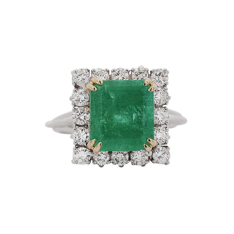 2 97 Carat Emerald Cut Emerald Diamond Halo 18K White Gold Vintage Style Ring