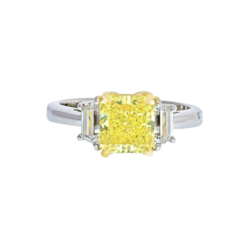 2 CARAT RADIANT CUT DIAMOND FANCY YELLOW GIA THREE STONE ENGAGEMENT RING